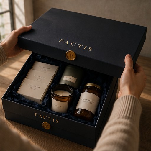 Hands lifting the lid of a navy Pactis box, revealing chocolate, a candle and marmalade in navy tissue