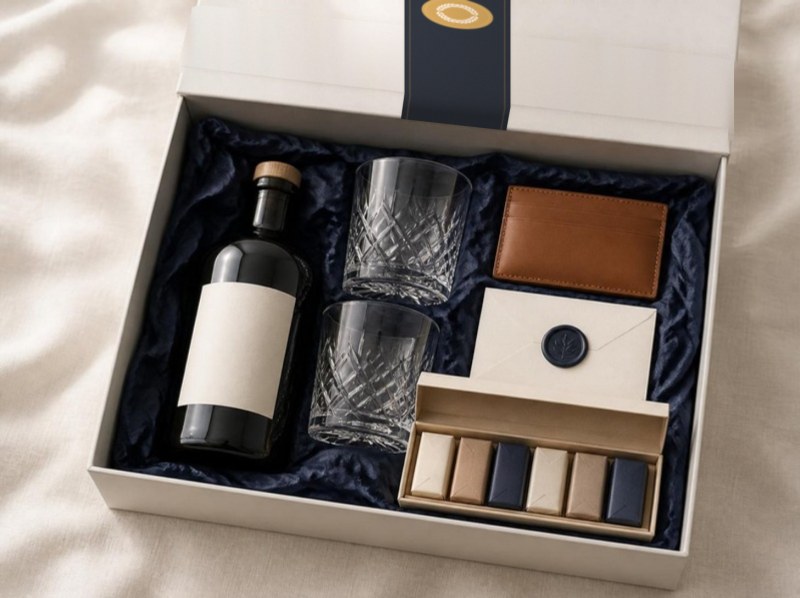 The Partner box open, with crystal tumblers, a leather card sleeve, chocolate and a bottle