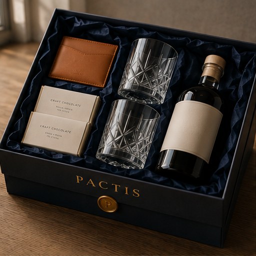 The Partner box: a full-grain leather card holder, two cut-crystal tumblers, a bottle of spirits and craft chocolate in a navy Pactis box
