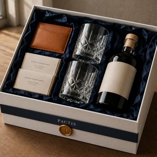 The Partner box: a full-grain leather card holder, two cut-crystal tumblers, a bottle of spirits and craft chocolate in a white Pactis box with a navy band