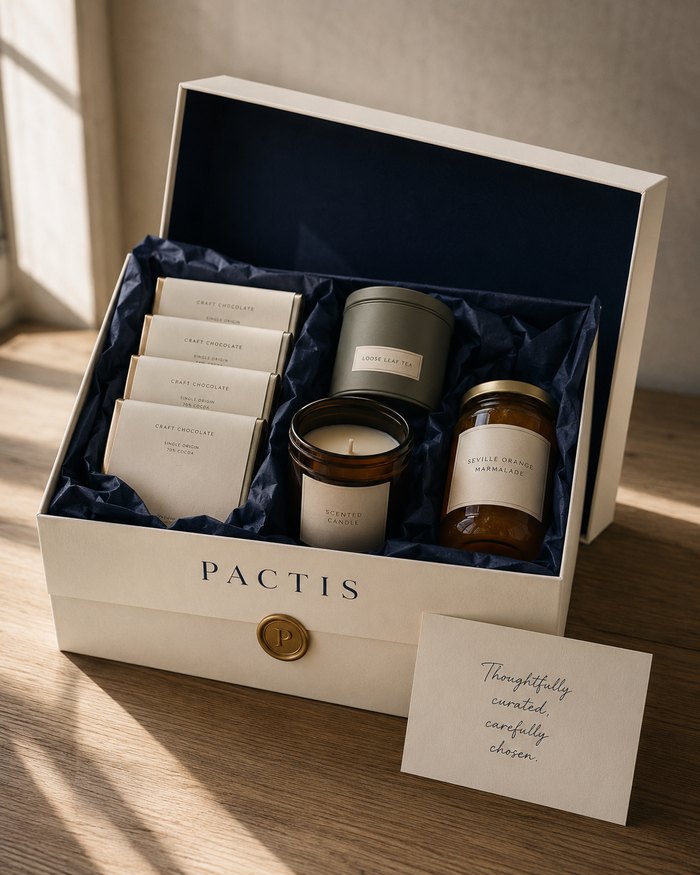 The Signature box open: four single-origin chocolate bars, loose leaf tea, a hand-poured candle and Seville orange marmalade, with a handwritten notecard