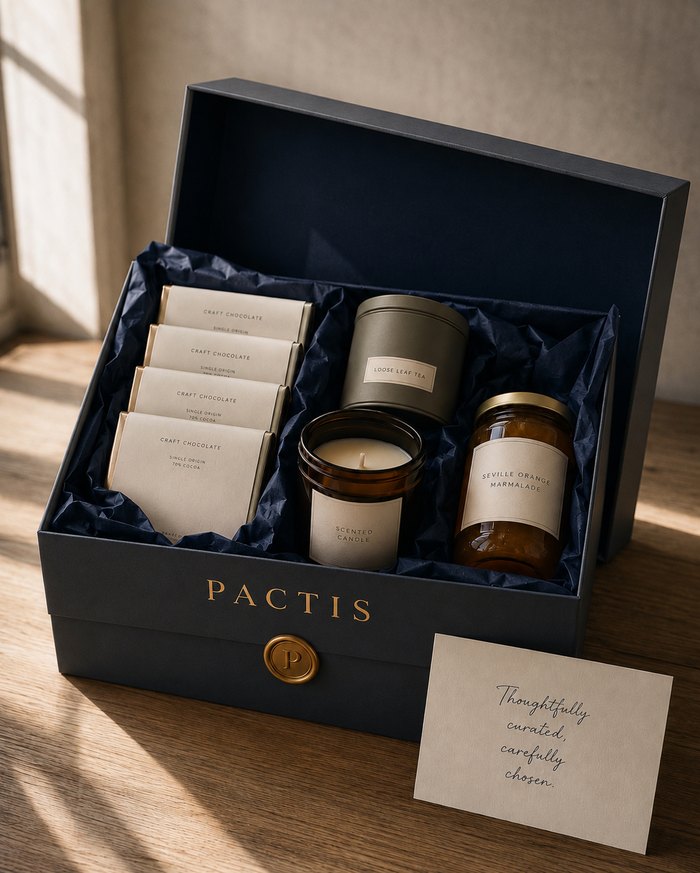 An open Pactis gift box: single-origin chocolate, loose leaf tea, a hand-poured candle and Seville orange marmalade in navy tissue, sealed with the brass Pactis wax seal