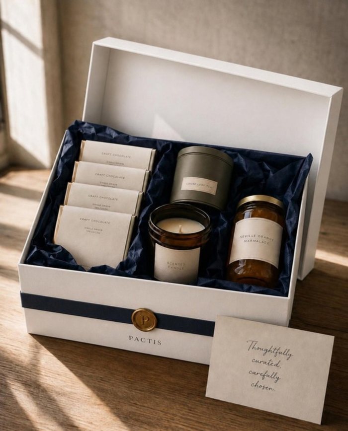 An open Pactis gift box: single-origin chocolate, loose leaf tea, a hand-poured candle and Seville orange marmalade in navy tissue, in a white box with a navy band and the brass Pactis wax seal