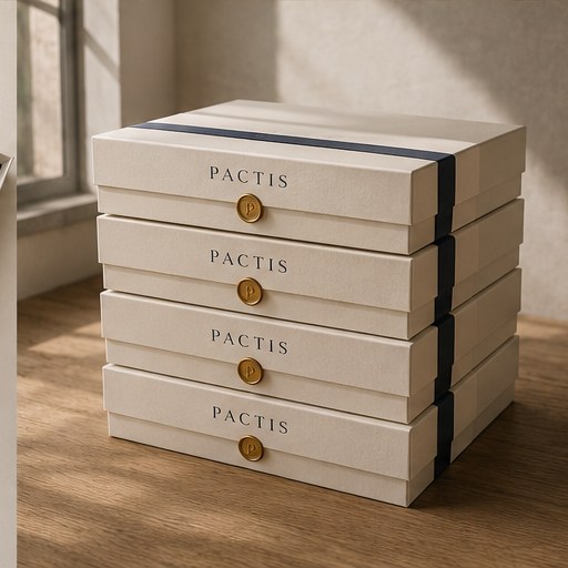 A stack of finished ivory Pactis boxes, each with a navy band and brass wax seal, ready for despatch