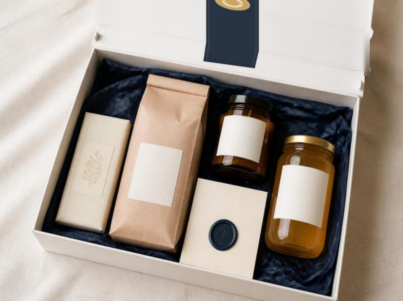 The Team box open, with coffee, a chocolate bar, a candle and honey