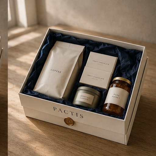 The Team box: craft roast coffee, single-estate chocolate, a candle tin and raw honey in an ivory Pactis box with navy tissue